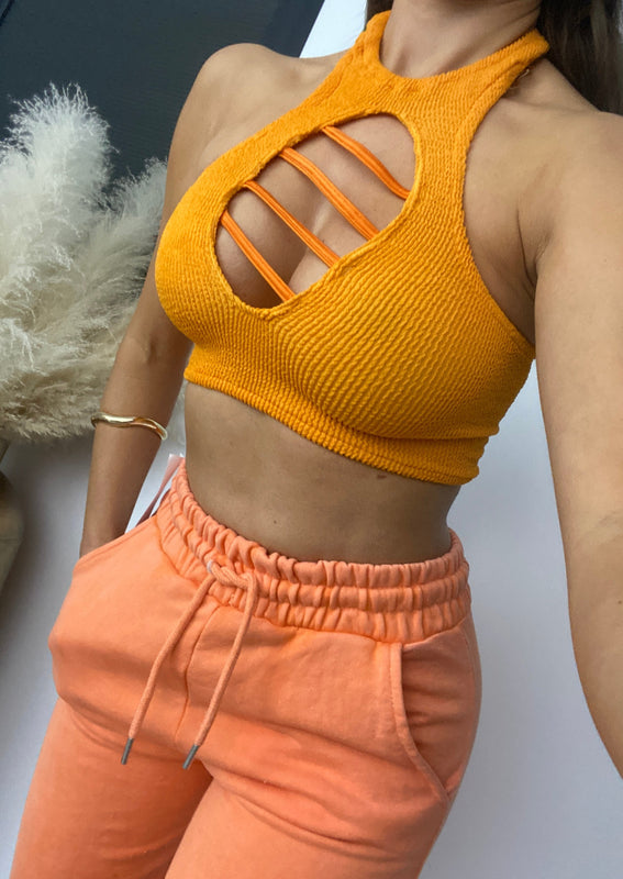 Caged Halter Crinkle Crop Top in Burnt Orange