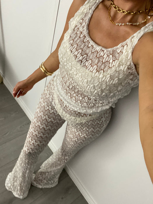 Crochet Lace Flares & Ruch Vest Set in White and Silver