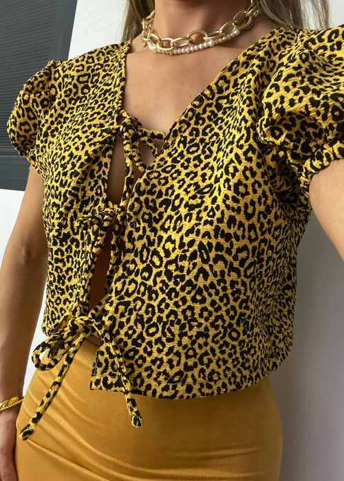 Tie Up Puff Sleeve Top in Textured Leopard