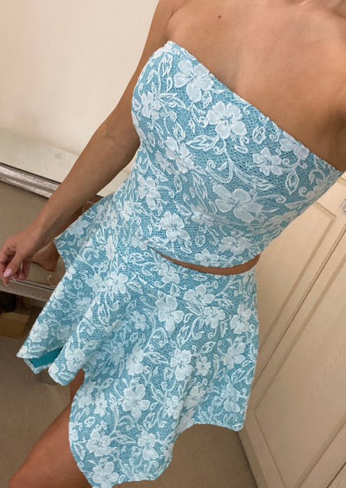 Hanky Hem Bandeau Co-Ord in Sky Blue Textured Lace Knit