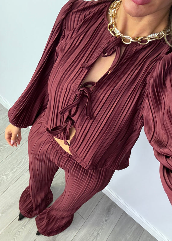 Tie Up Blouse & Trousers Set Burgundy Plisse