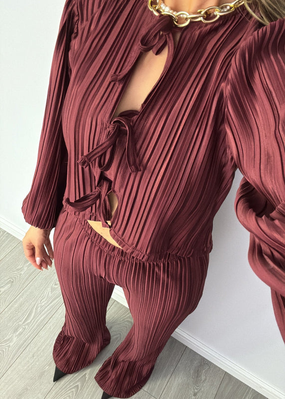 Tie Up Blouse & Trousers Set Burgundy Plisse