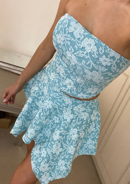 Hanky Hem Bandeau Co-Ord in Sky Blue Textured Lace Knit