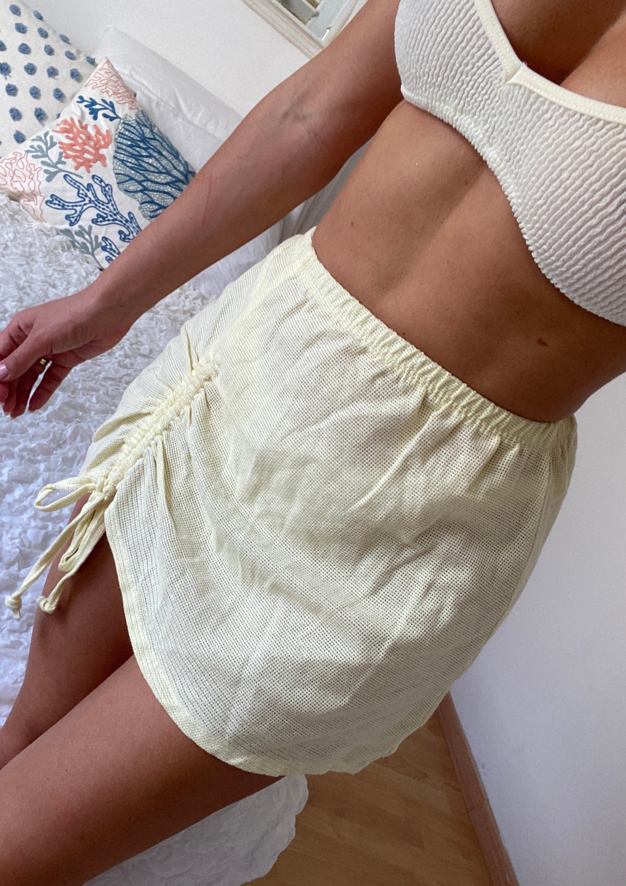 Ruched Mini Skirt in Buttermilk Brushed Cotton