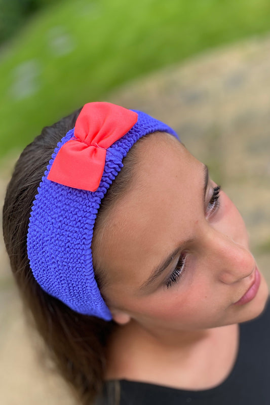 Crinkle Bow Headband Indigo & Coral