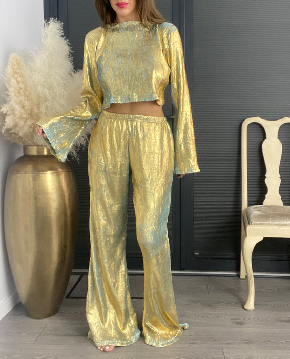 Mint Gold Plisse Loose Fit Wide Leg Co-Ord