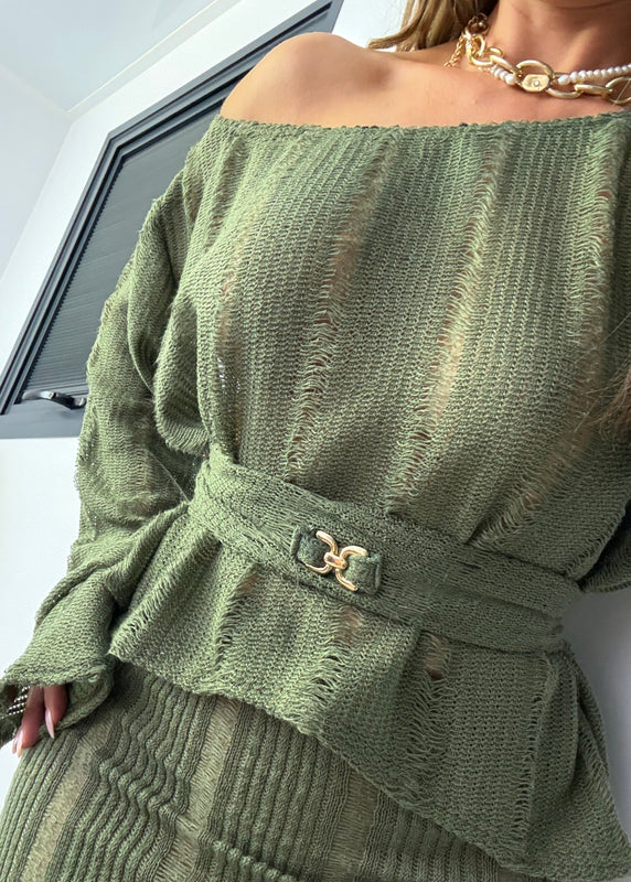 Belted Jumper & Mini Co-Ord Khaki Knit