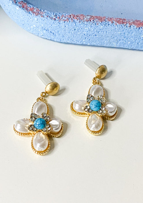 Pearl Cross Drop Earrings