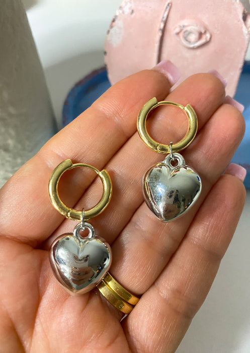 Puffy Heart Mixed Metal Hoops