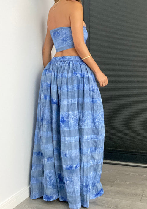 Senorita Full Maxi Peasant Skirt Co-Ord in Denim Blue Cotton & Lace