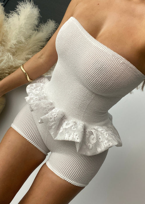 Peplum Bubble Hem Bandeau Co-Ord in White Crinkle