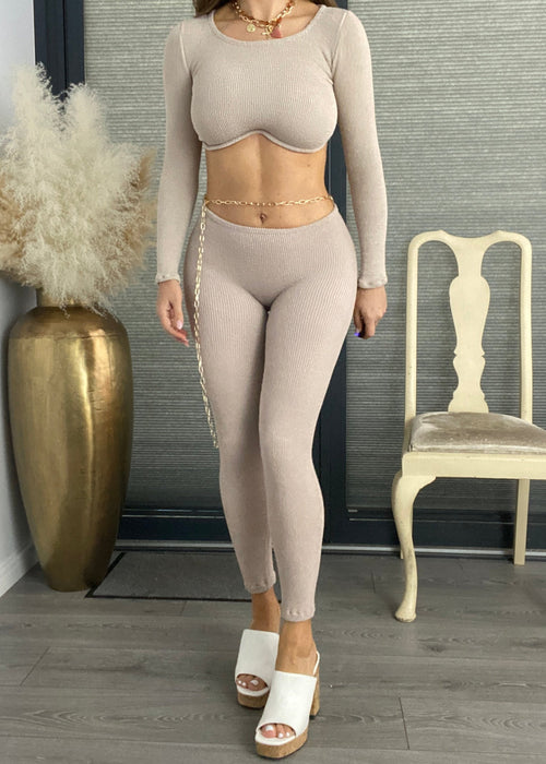 Underwire Crop Top & Chain Leggings in Nude Crinkle