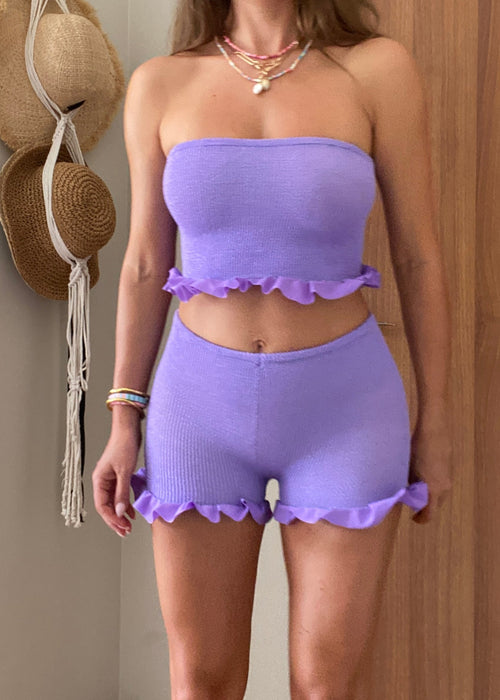 Ruffle Edged Bandeau & Shorts Set in Lilac