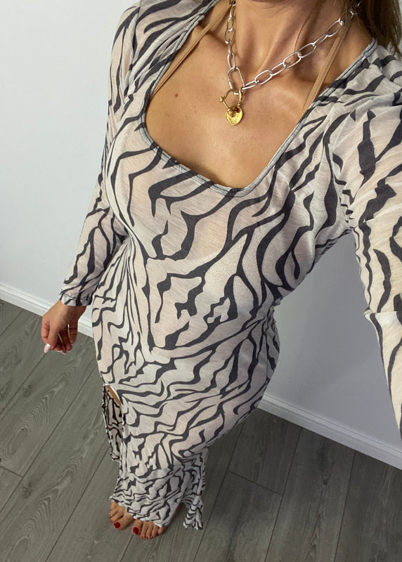 Long Sleeve Split Fishtail Maxi Dress in Zebra