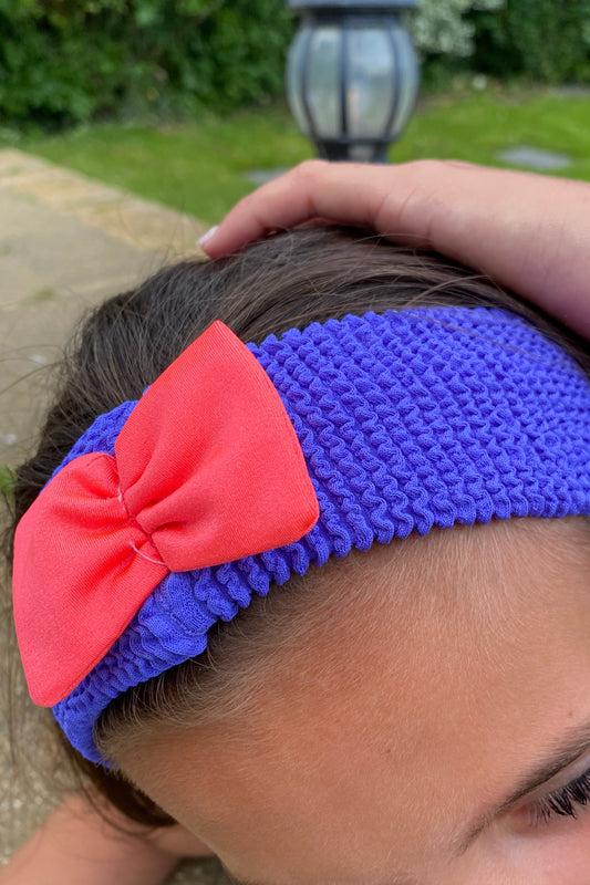 Crinkle Bow Headband Indigo & Coral