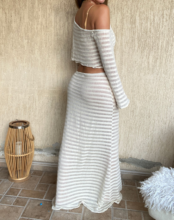 Slouchy Crop Jumper & Maxi Skirt in Cream Ladder Knit