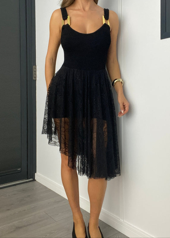 Buckle Strap Asymmetric Lace Overlay Dress