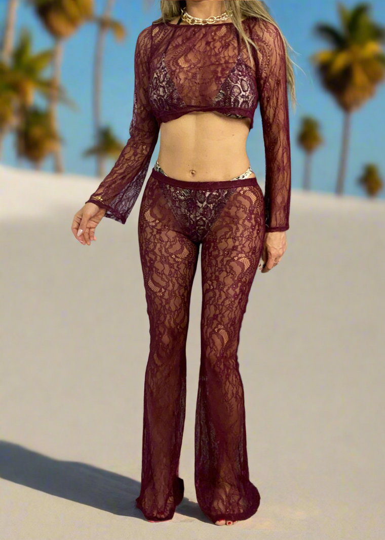 Cropped Top & Flares in Burgundy Lace