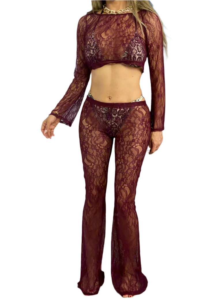 Cropped Top & Flares in Burgundy Lace