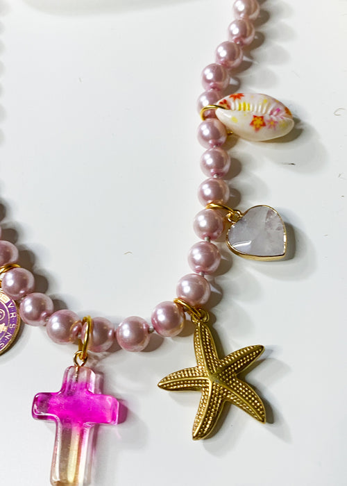 Pearl Charm Necklace in Pink & Gold