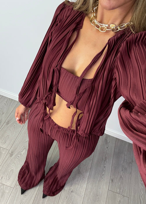 Tie Up Blouse & Trousers Set Burgundy Plisse