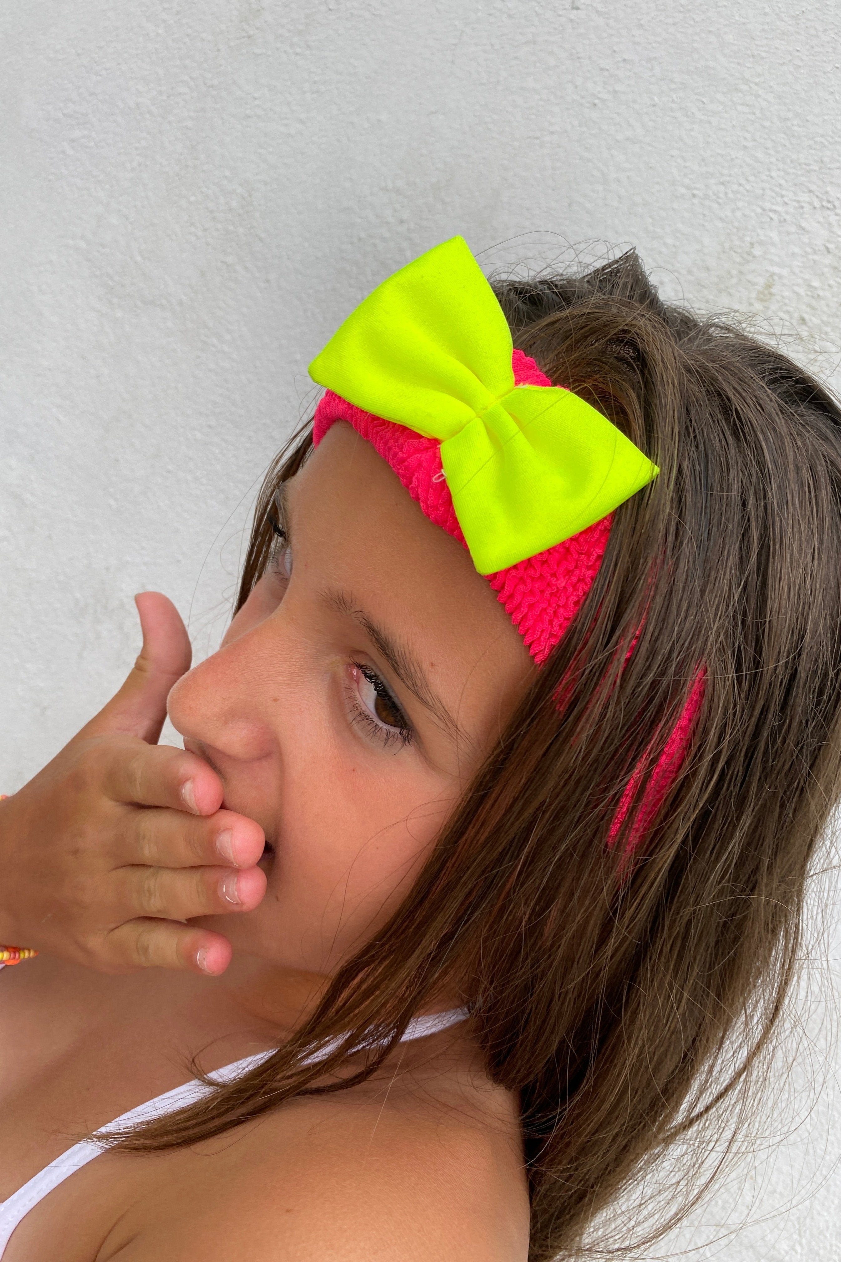 Crinkle Bow Headband Neon Coral & Yellow