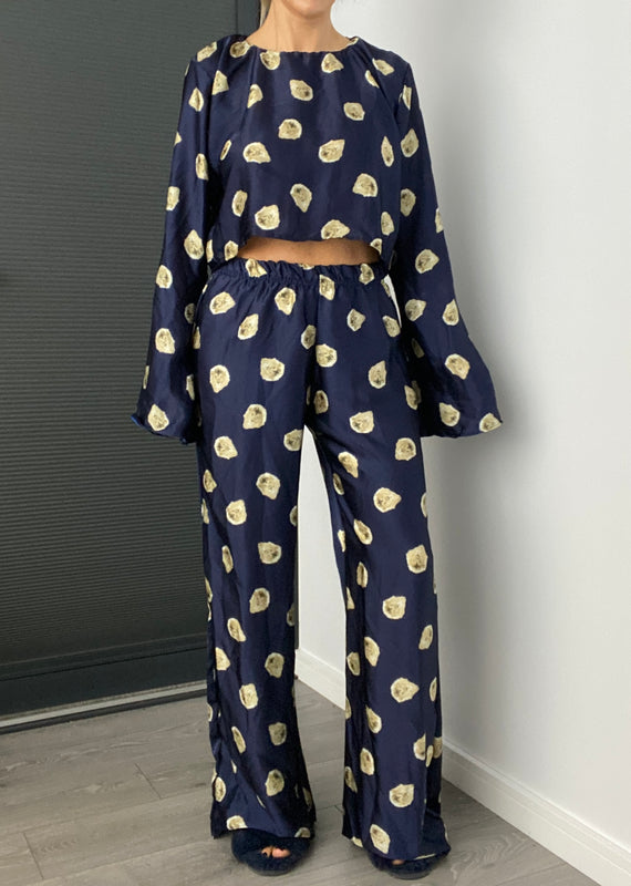 Navy Lion Satin PJ Suit