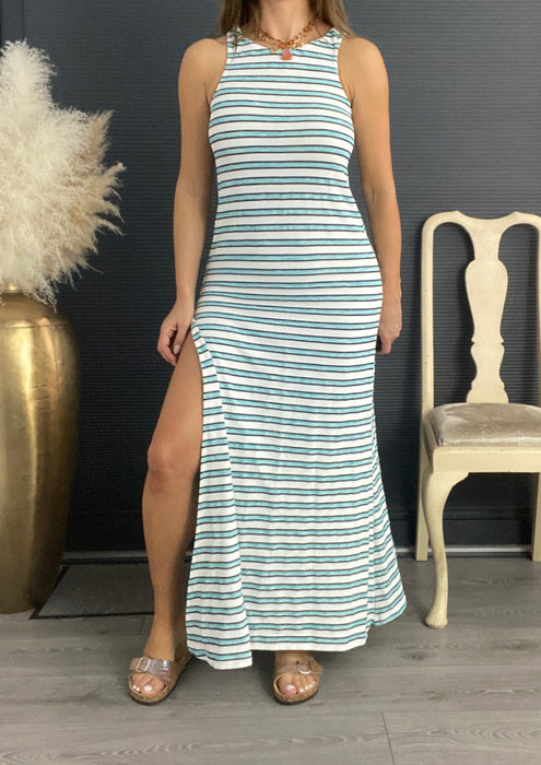 High Split Fit & Flare Maxi Dress in Stripe Knit