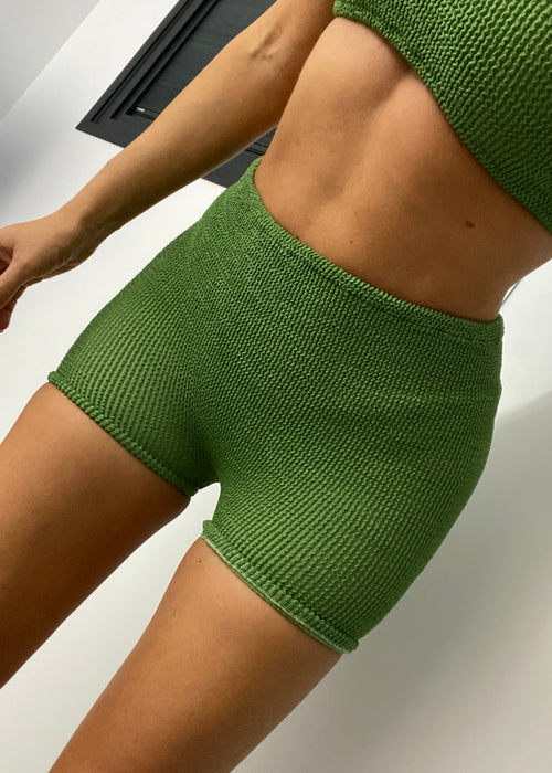 Mini Crop Bikini with Shorts in Palm Green Crinkle