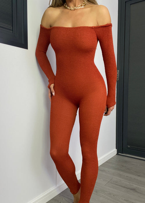 Bardot Catsuit in Terracotta Crinkle