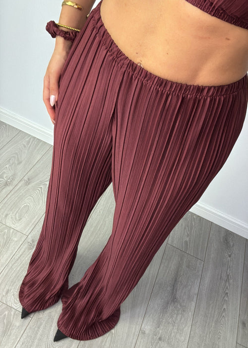 Tie Up Blouse & Trousers Set Burgundy Plisse