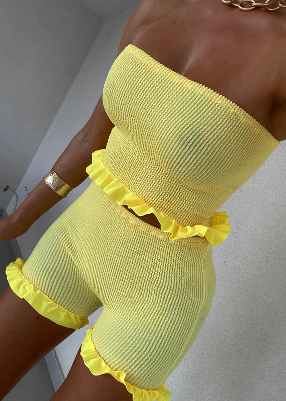 Mini Peplum Bandeau & Shorts Set in Yellow