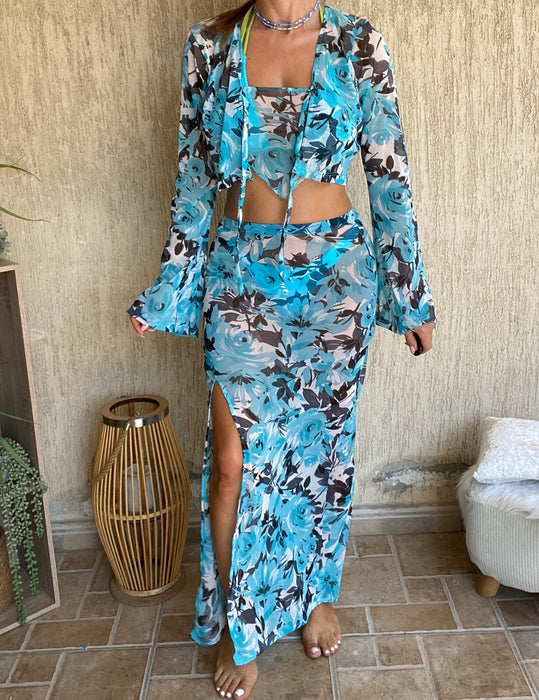 3 Piece Maxi Skirt Co-Ord in Floral Mesh