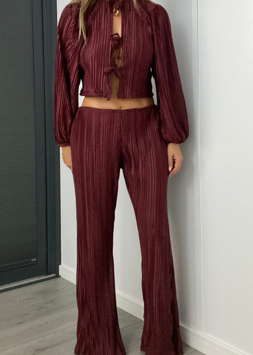 Skinny Waist Trousers in Burgundy Plisse