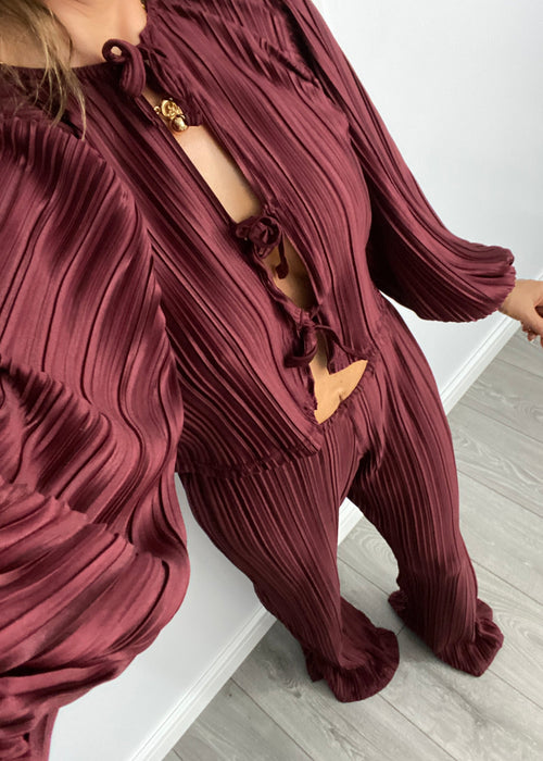 Tie Front Blouse & Trousers in Burgundy Plisse