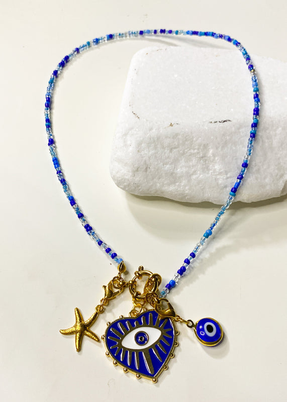 Blue Glass Beaded Charm Necklace