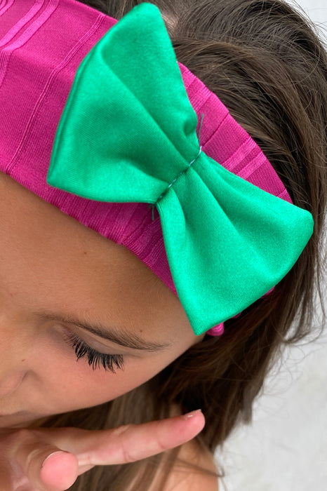 Diadema con lazo de licra acanalada en fucsia y verde