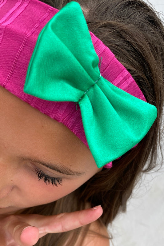 Rib Lycra Bow Headband in Fuschia & Green