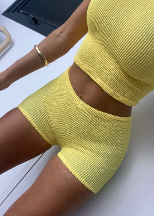 Micro Shorts with Dipped V Waist in Yellow Crinkle