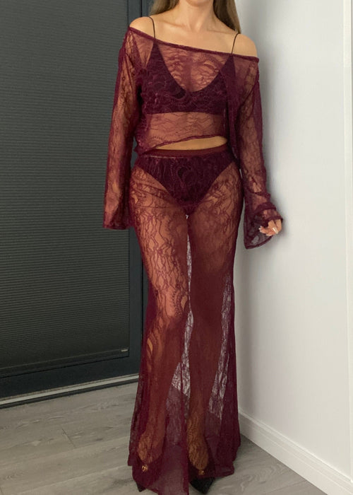 Lace Maxi Skirt Co-Ord in Burgundy