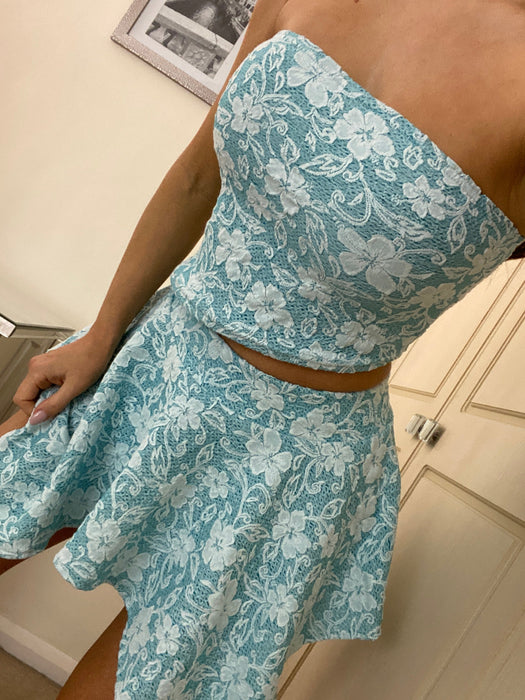 Hanky Hem Bandeau Co-Ord in Sky Blue Textured Lace Knit