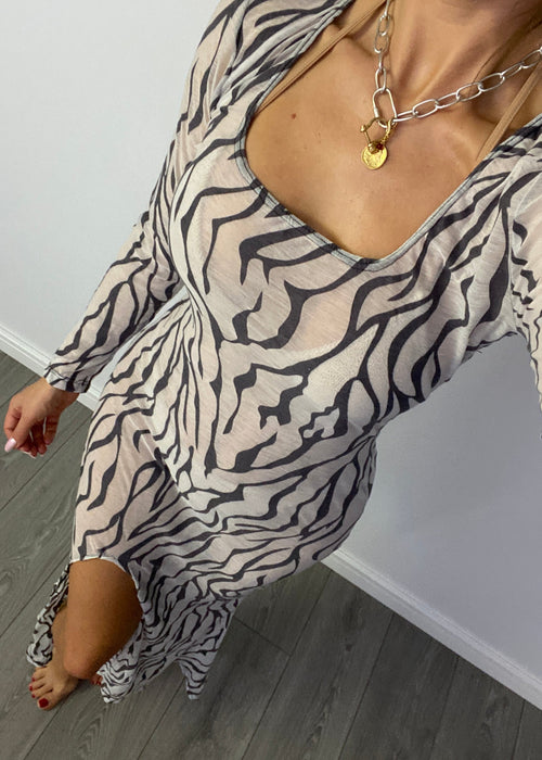 Long Sleeve Split Fishtail Maxi Dress in Zebra