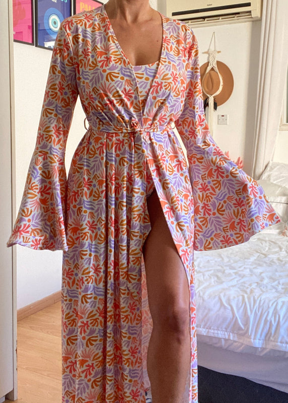 Cami Swimsuit & Maxi Kimono in Coral Print