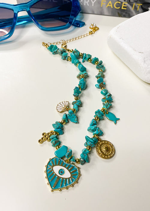 Turquoise Nugget Chain Charm Necklace