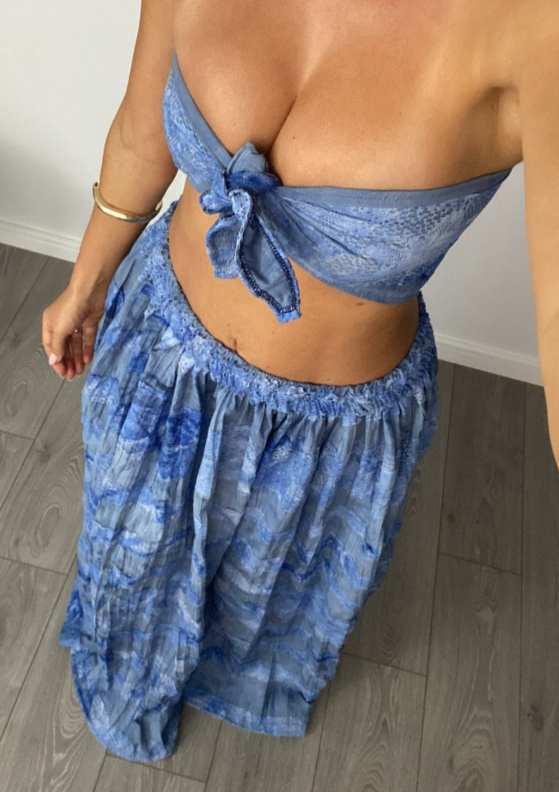 Senorita Full Maxi Peasant Skirt Co-Ord in Denim Blue Cotton & Lace