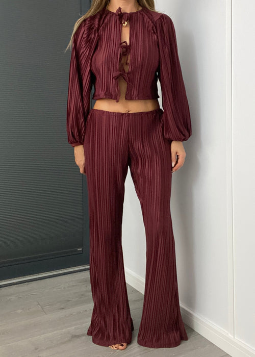 Tie Front Blouse & Trousers in Burgundy Plisse