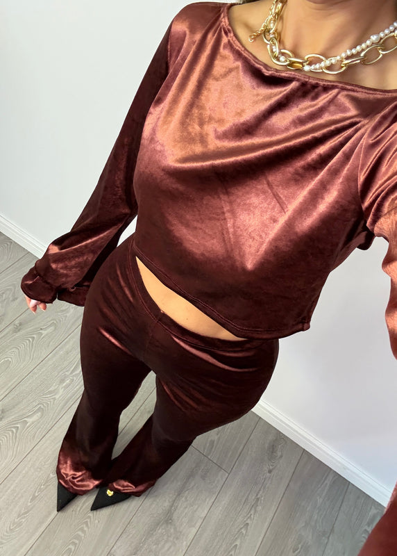 Flares & Frill Cuff Top Co-Ord in Wine Velvet