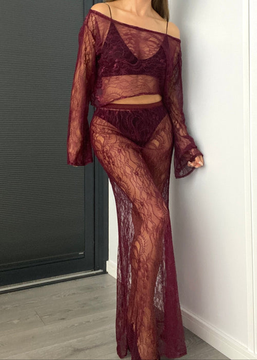 Lace Maxi Skirt Co-Ord in Burgundy