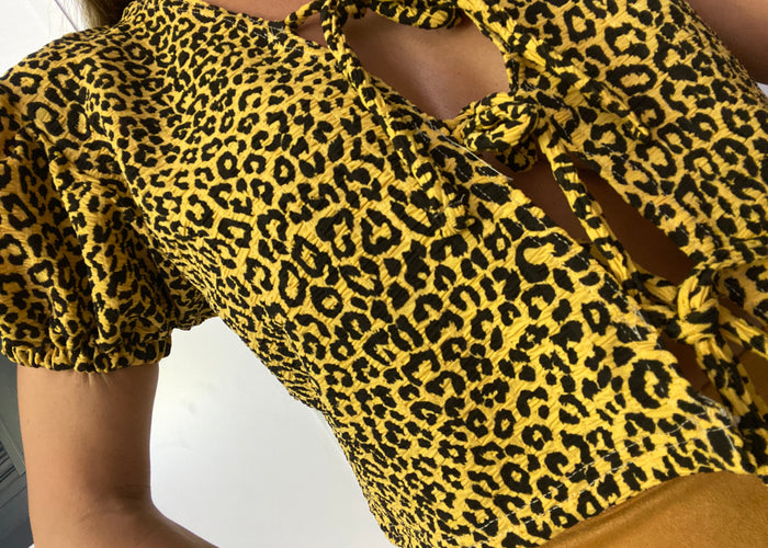 Tie Up Puff Sleeve Top in Textured Leopard