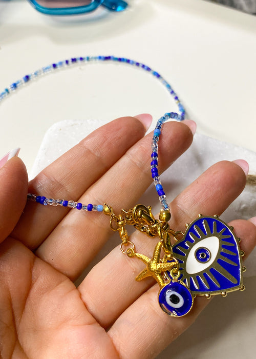 Blue Glass Beaded Charm Necklace